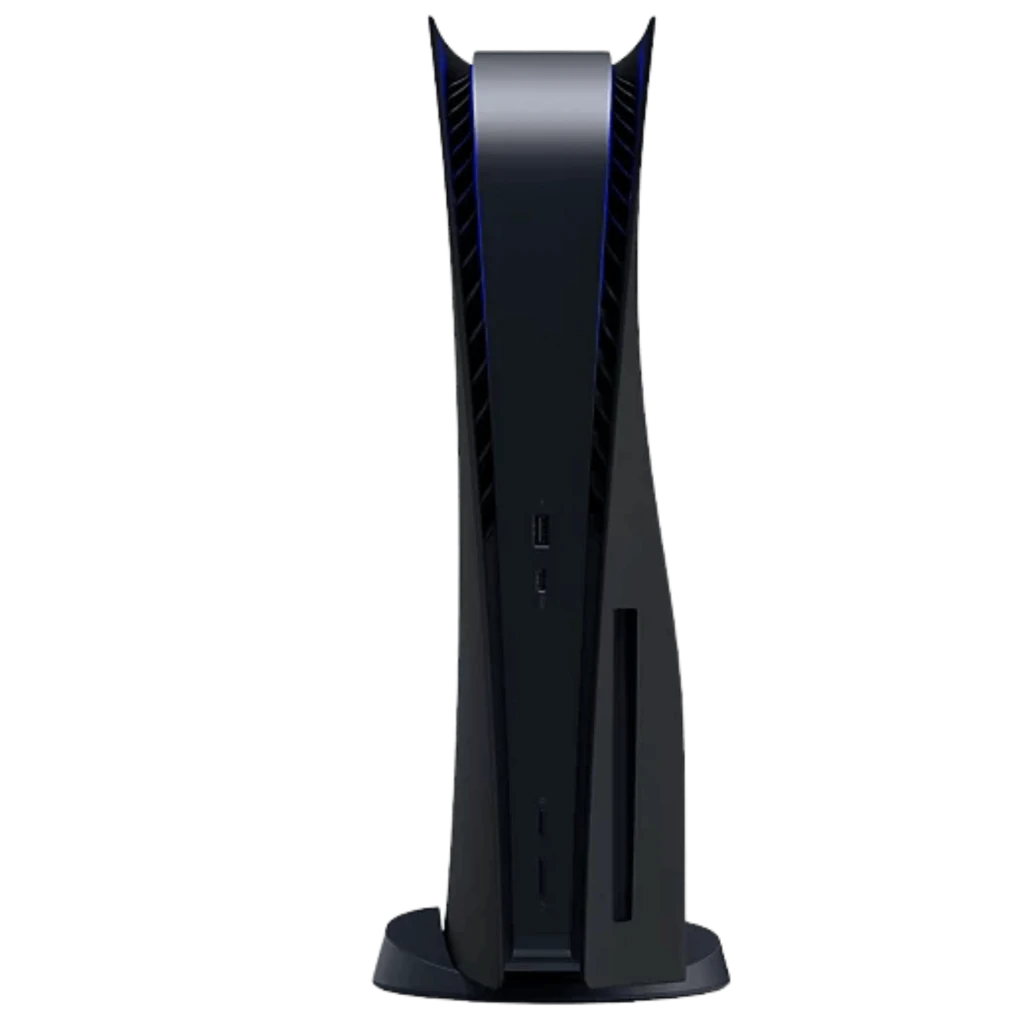 Consola PS5 estándar negra renovada 825GB, carcasa mate negra, luz LED azul, ranura de disco, puertos frontales USB y diseño vertical elegante - Ítem1