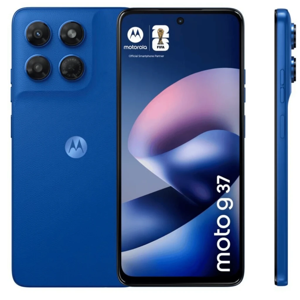 Motorola Moto G37 5G azul náutico con pantalla perforada y triple cámara trasera en módulo triangular; logo M centrado y acabado mate elegante - Ítem2