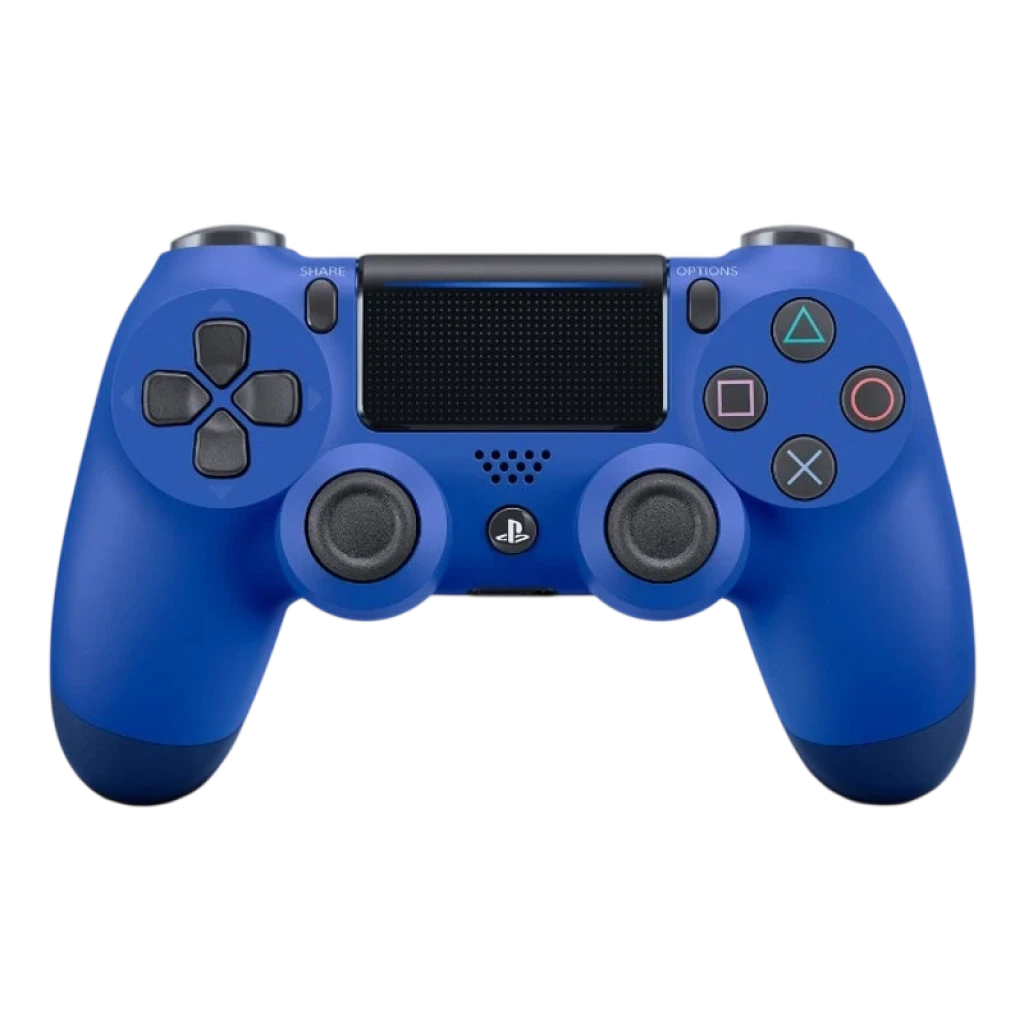 Controle PS4 DualShock azul V2 recondicionado em excelente estado, com touchpad central, botões icônicos, analógicos duplos e acabamento fosco vibrante - Item