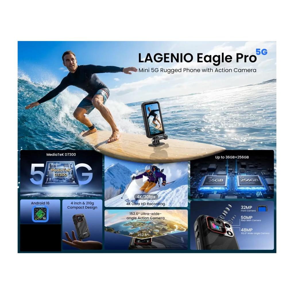 Lagenio Eagle Pro 5G negro, móvil rugerizado con carcasa antideslizante y camo, cámara trasera grande con flash, pantalla con marco robusto y botones - Ítem2