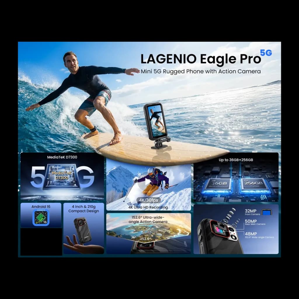 Lagenio Eagle Pro 12GB/256GB Verde, móvil 5G rugerizado con cámara de acción 4K 30fps, módulo trasero multicíamara y pantalla compacta resistente