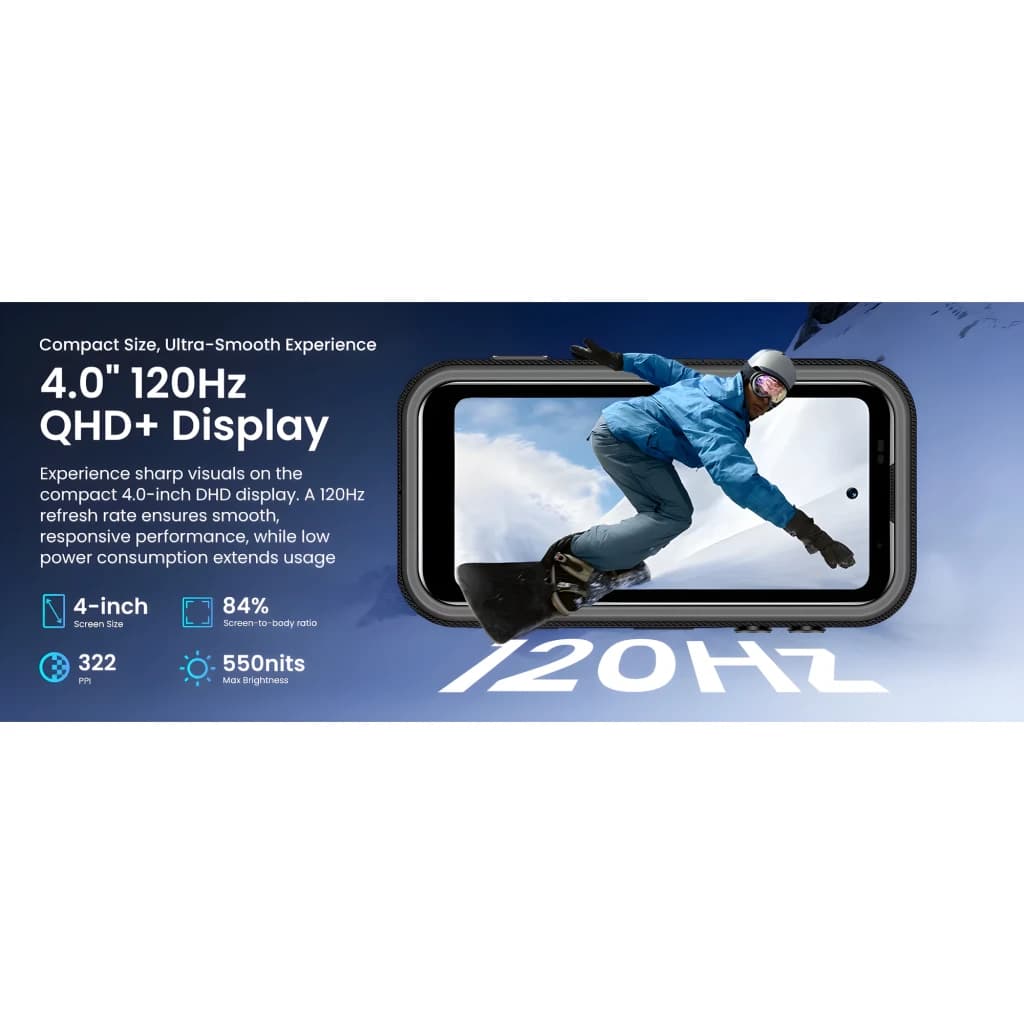 Lagenio Eagle Pro 12GB/256GB Verde con pantalla QHD de 4 pulgadas a 120Hz, brillo 550 nits, cámara frontal en orificio y bordes robustos antideslizantes