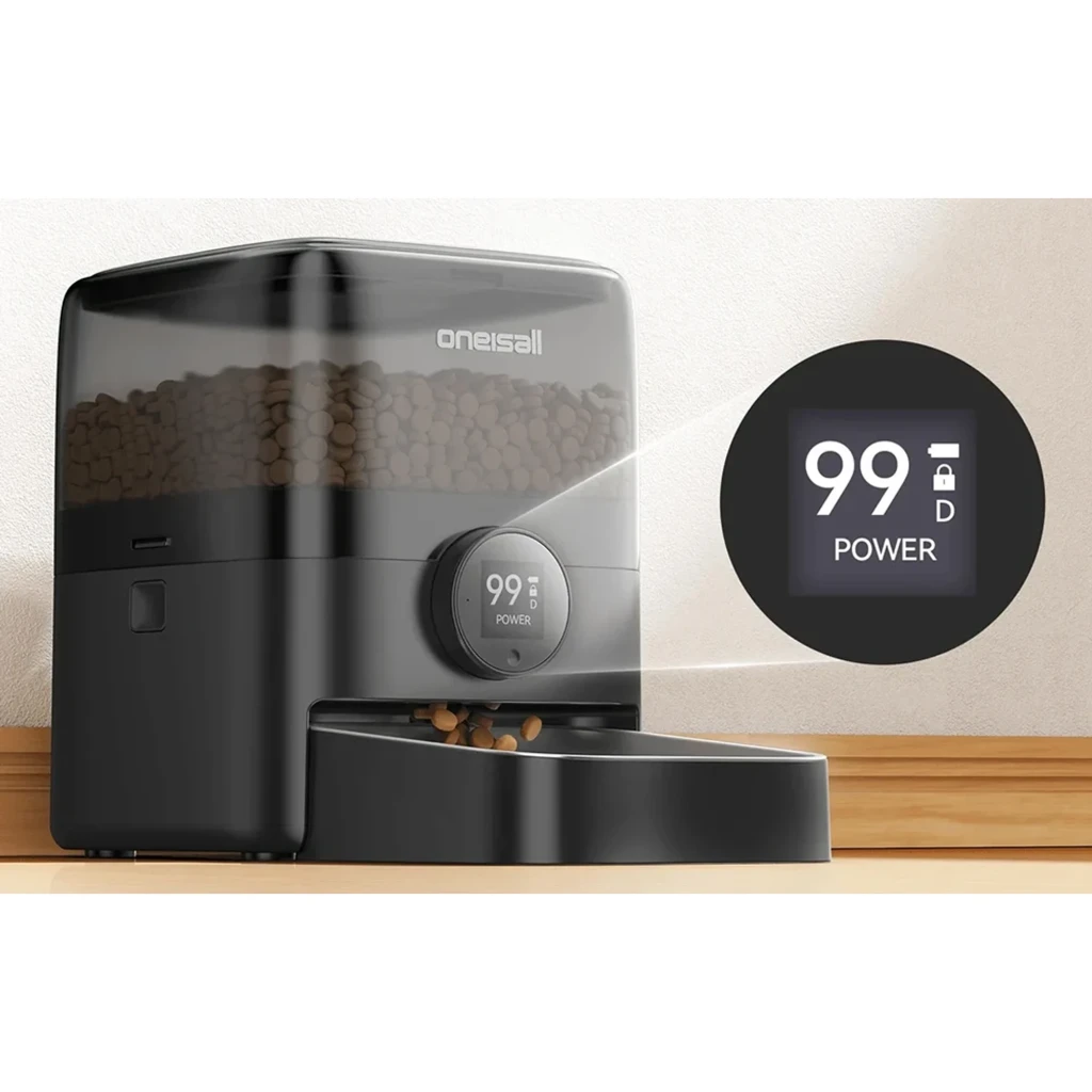 Distributeur Automatique Oneisall PF08 WiFi 2,4GHz 5L 10 Repas/Jour en noir, grand réservoir transparent, bol en inox, bouton frontal et trémie à croquettes - Ítem1