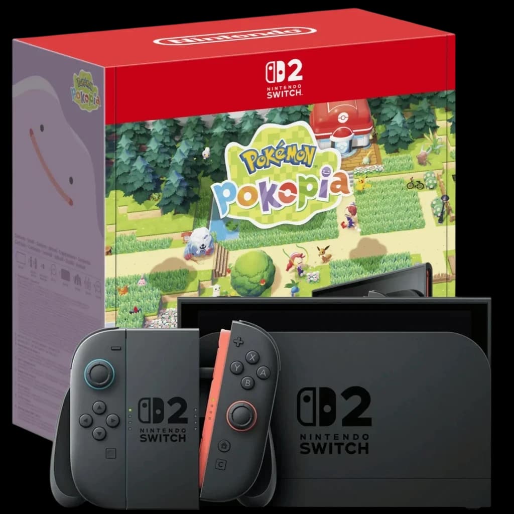 Console Nintendo Switch 2 256GB com Joy-Con cinza e coral, dock preto e caixa temática Pokémon Pokopia com ilustrações coloridas de paisagem rural