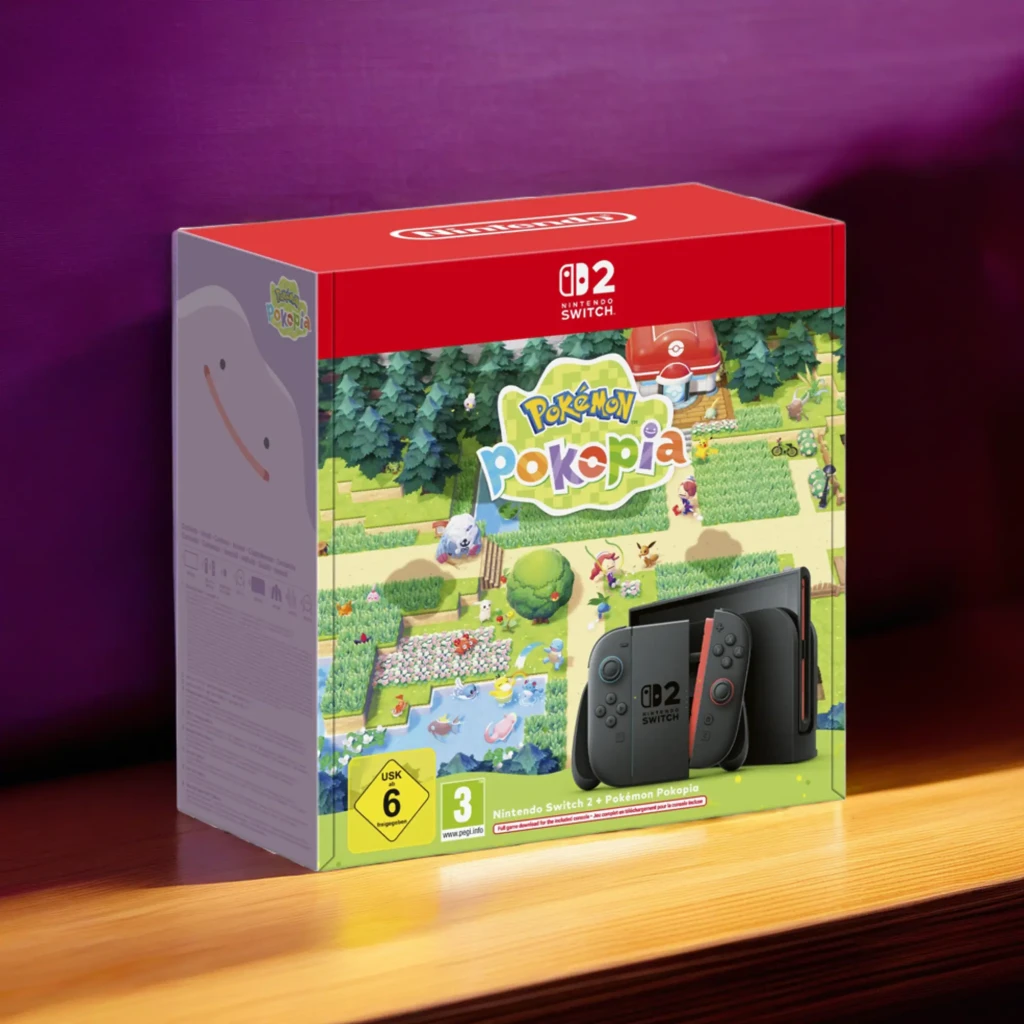 Console Nintendo Switch 2 256GB com Joy-Con cinza e coral, dock preto e caixa temática Pokémon Pokopia com ilustrações coloridas de paisagem rural - Item6