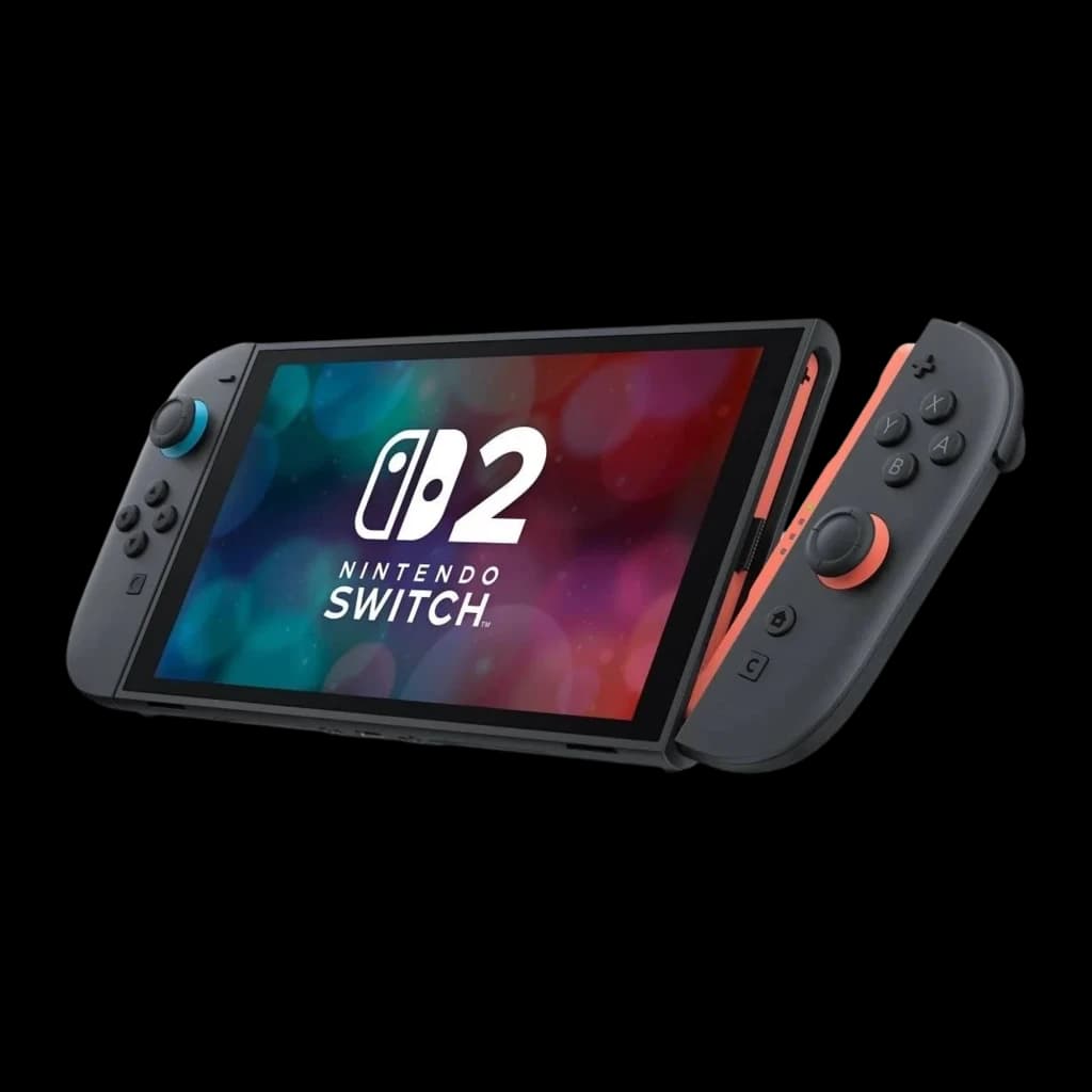 Console portátil com tela grande, Joy-Cons destacáveis em cinza e coral, design fino e moderno, logotipo D2 na tela, ideal para jogo móvel e dockável.