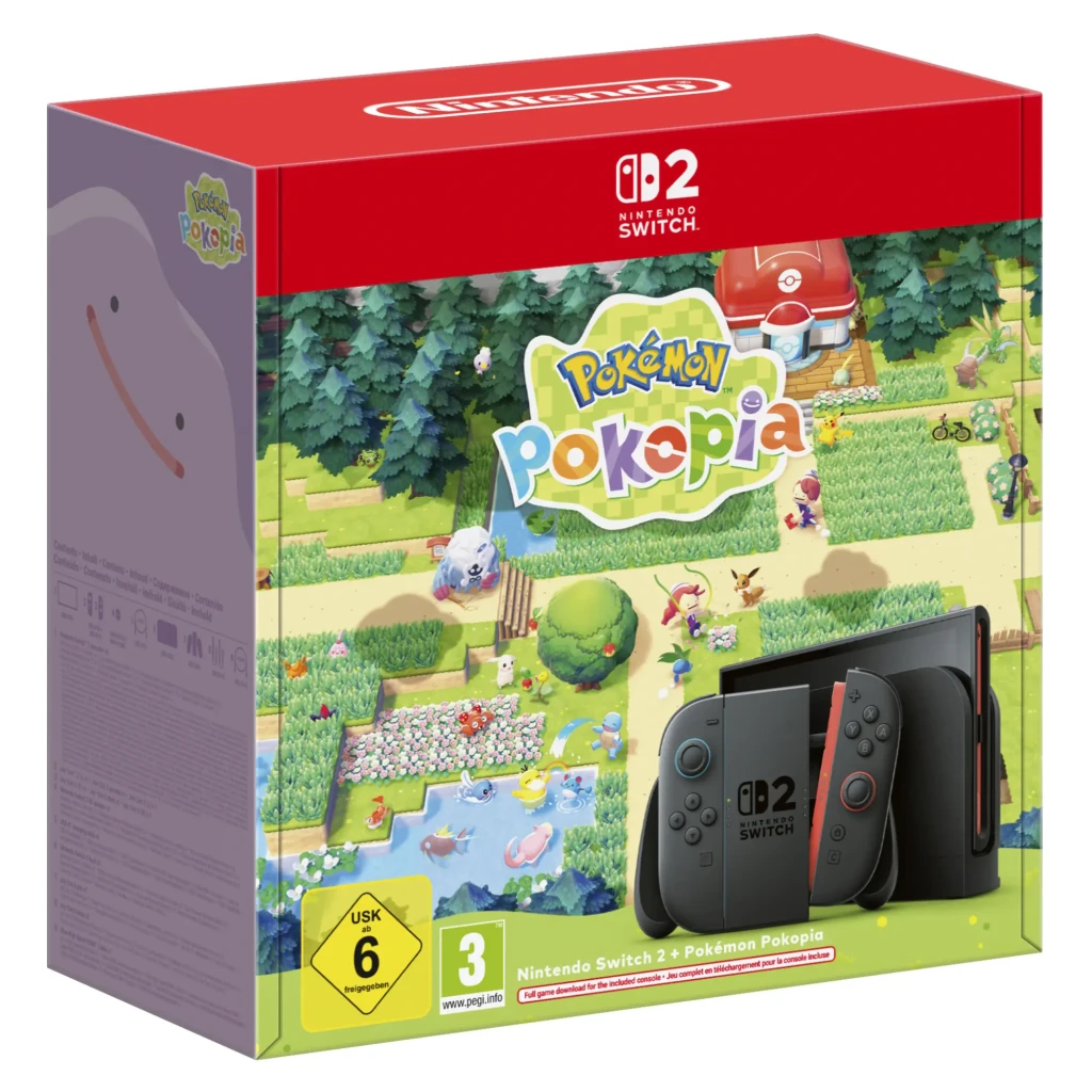 Console Nintendo Switch 2 256GB com Joy-Con cinza e coral, dock preto e caixa temática Pokémon Pokopia com ilustrações coloridas de paisagem rural - Item4