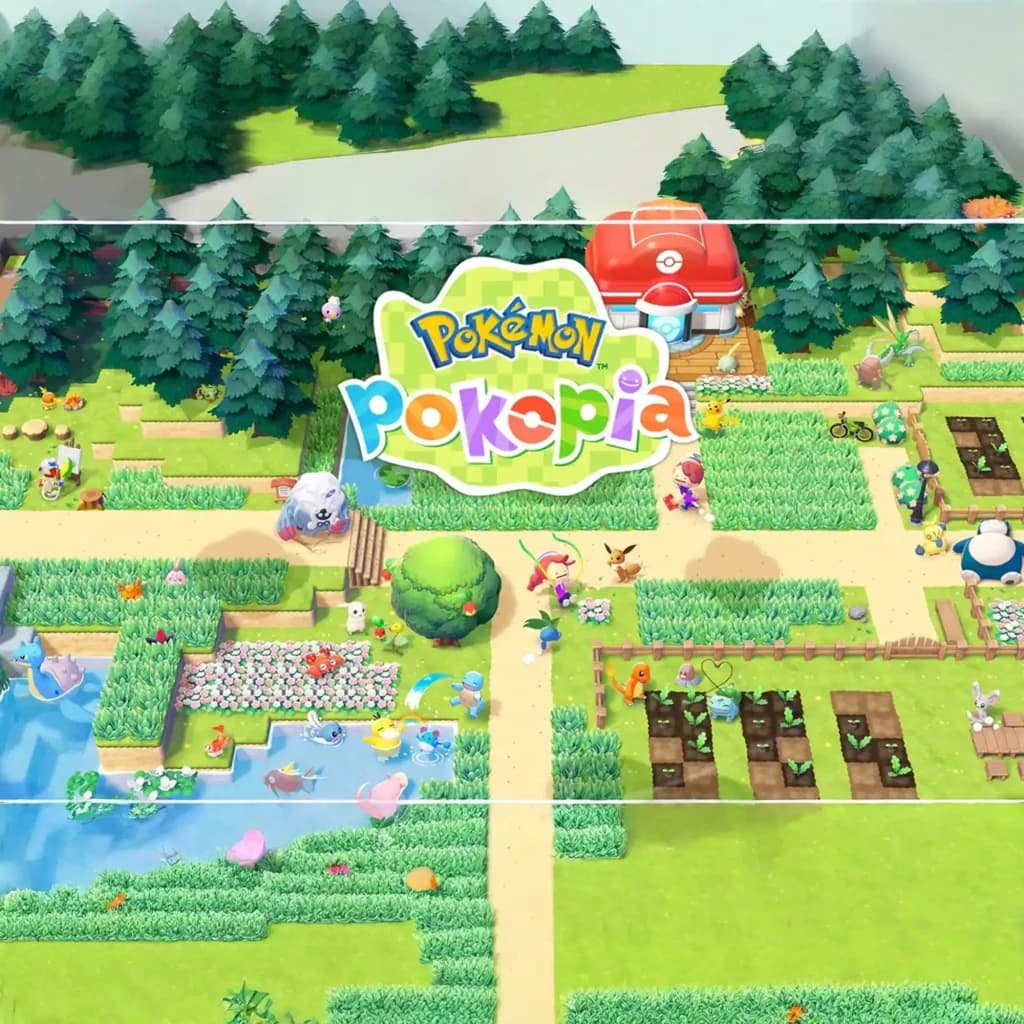 Arte colorida de Pokémon Pokopia: vila com caminhos de terra, lago, árvores e canteiros; vários Pokémon fofos interagindo em um ambiente vibrante e