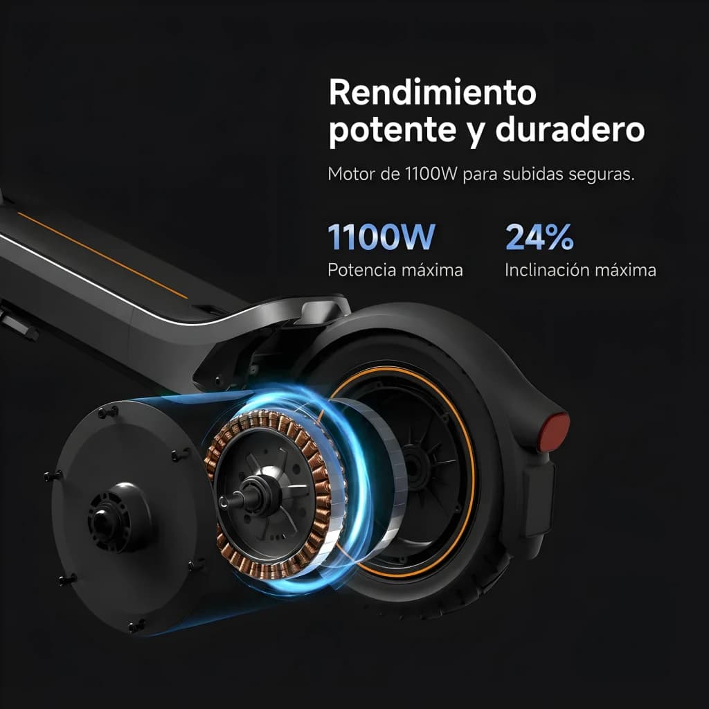 Patinete Eléctrico Xiaomi Electric Scooter 6 Max con motor 1100W, rueda de 12 pulgadas y diseño negro con detalles naranjas, destaca su potencia y subida 24%
