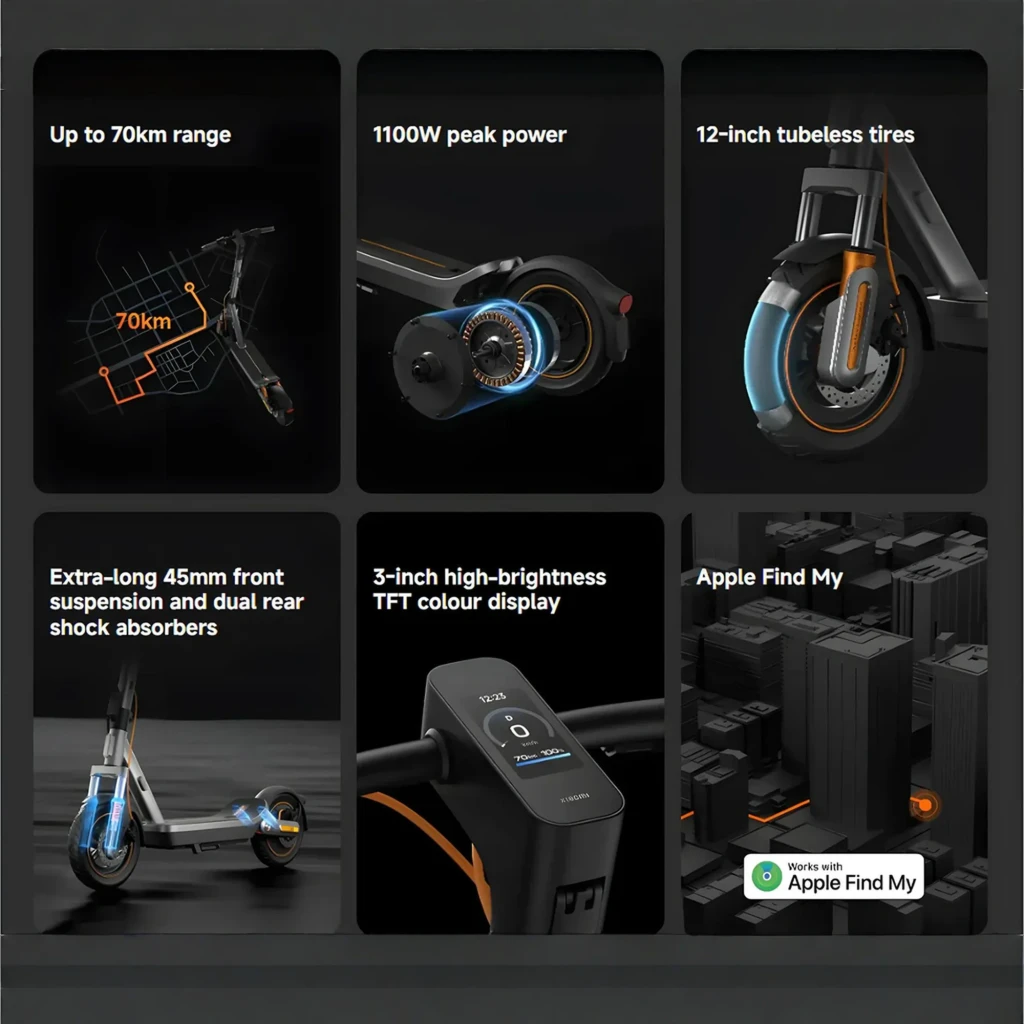 Patinete Eléctrico Xiaomi Electric Scooter 6 Max, diseño gris con detalles naranjas, ruedas 12 pulgadas, freno de disco delantero y plataforma amplia - Ítem9