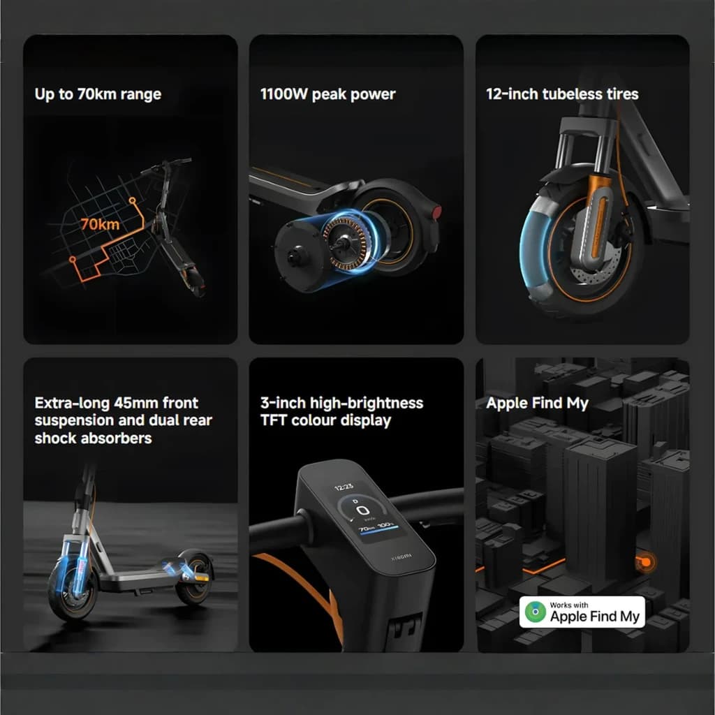 Patinete Eléctrico Xiaomi 6 Max: motor 1100W, ruedas tubeless 12 pulgadas, suspensión delantera 45 mm, pantalla TFT 3 pulgadas, alcance hasta 70 km, 25 km/h