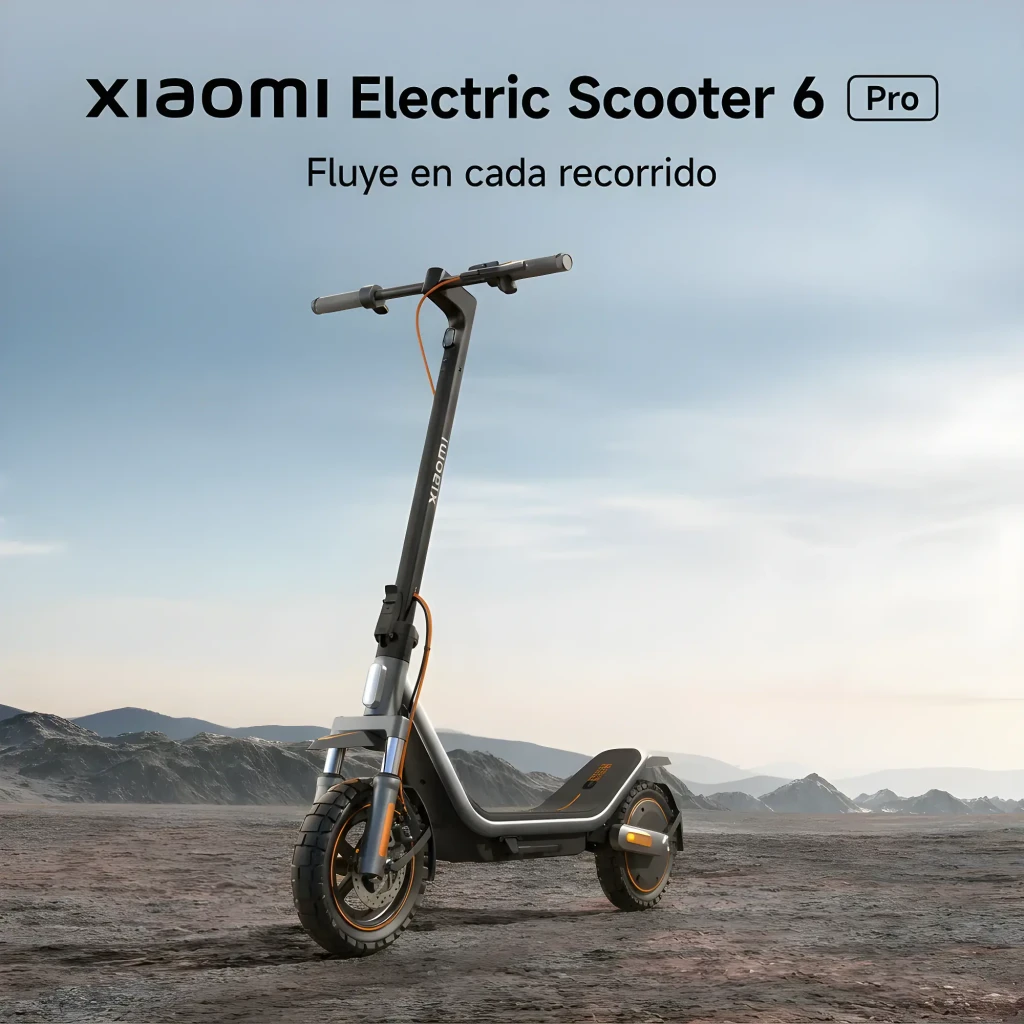 Patinete eléctrico Xiaomi 6 Pro negro y gris con detalles naranjas, ruedas todoterreno de 12 pulgadas, plataforma baja ancha y luz delantera integrada - Ítem5