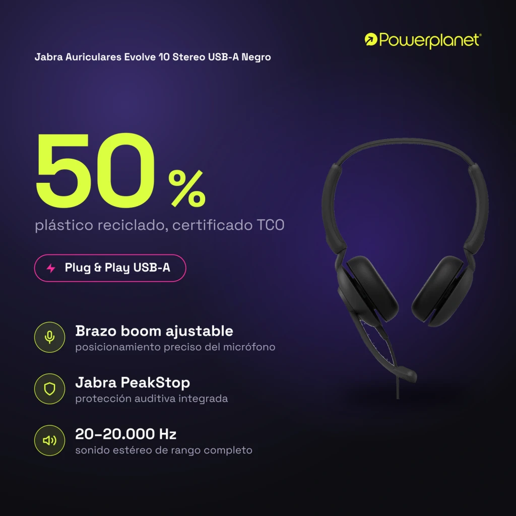 Jabra Evolve 10 Stereo USB-A preto, vista frontal: fones com fita e microfone articulado - Item5