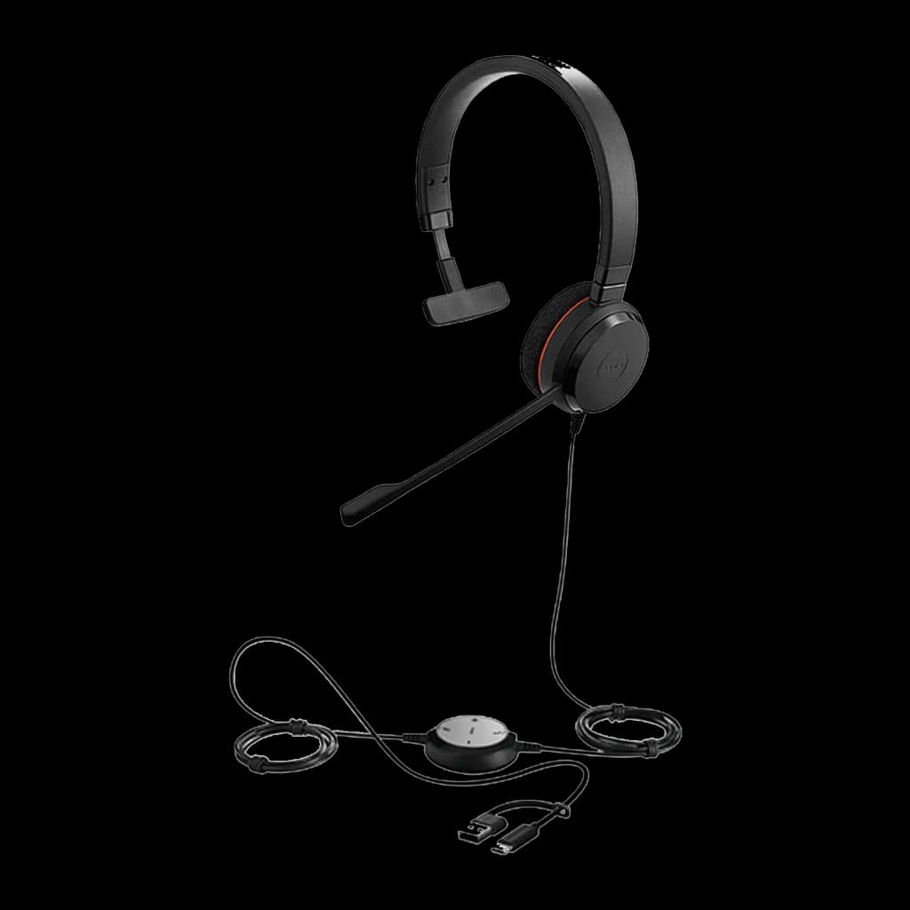 Jabra Evolve 20 Mono negro, kit completo: auricular con accesorios y cables USB-C/A