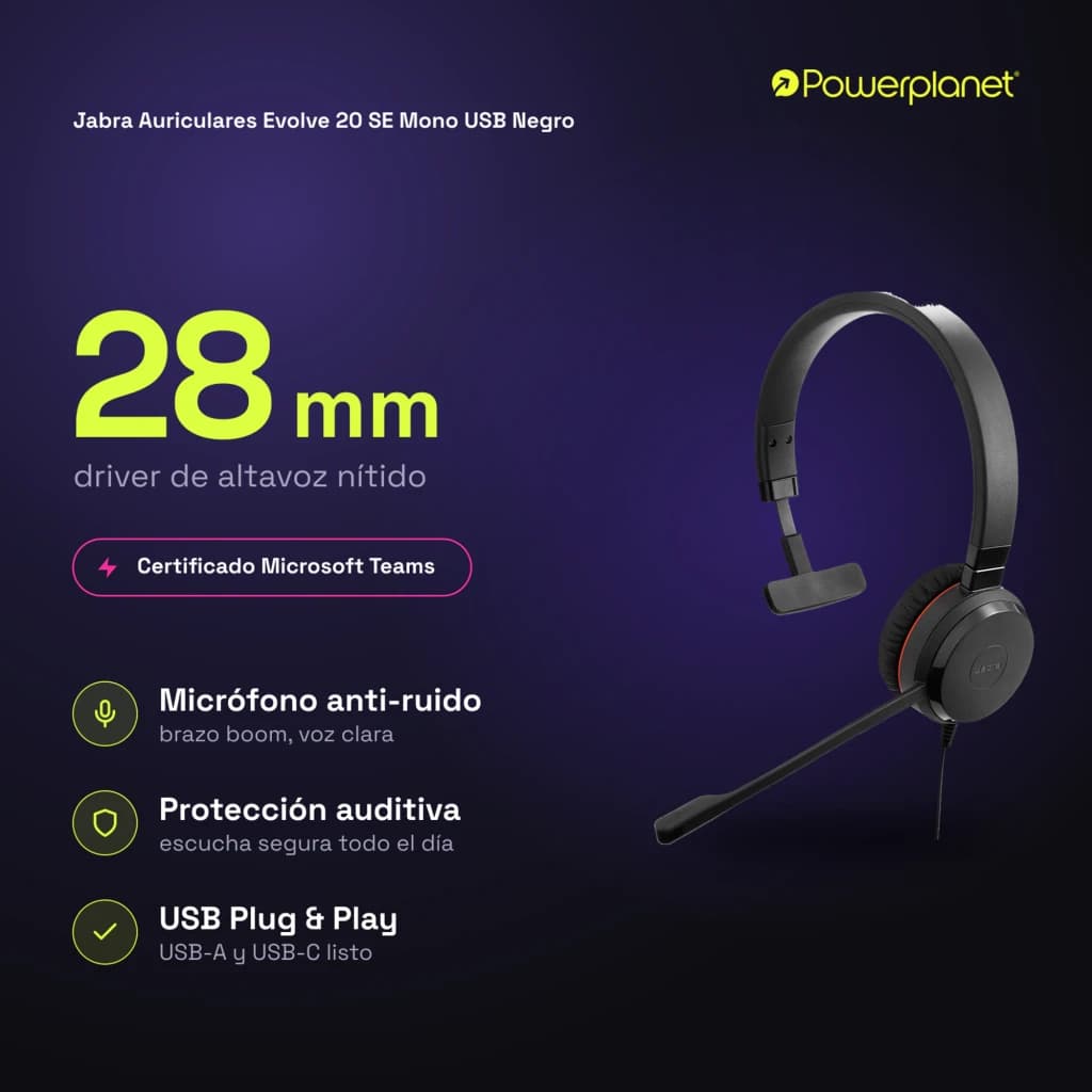 Jabra Auriculares Evolve 20 SE Mono USB noir - caractéristiques
