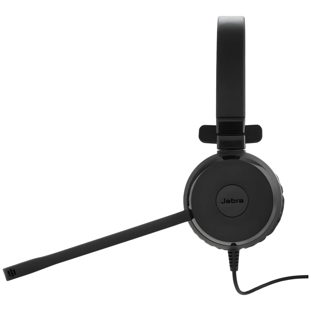 Jabra Evolve 20 SE Mono USB noir, vue latérale: coque unique, microphone boom et arceau ajustable