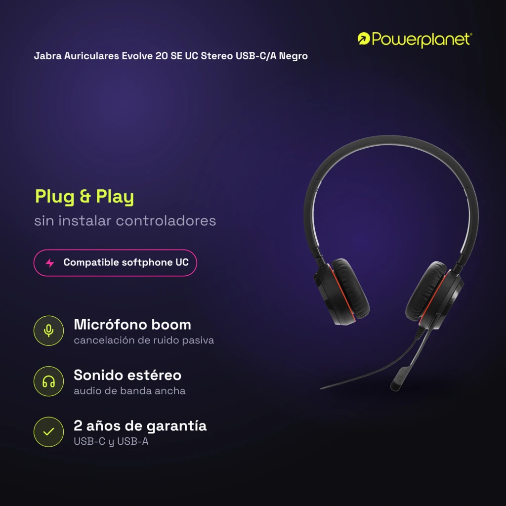 Jabra Evolve 20 SE UC Stereo Noir, vue de face: casque avec serre-tête et micro flexible - Ítem4