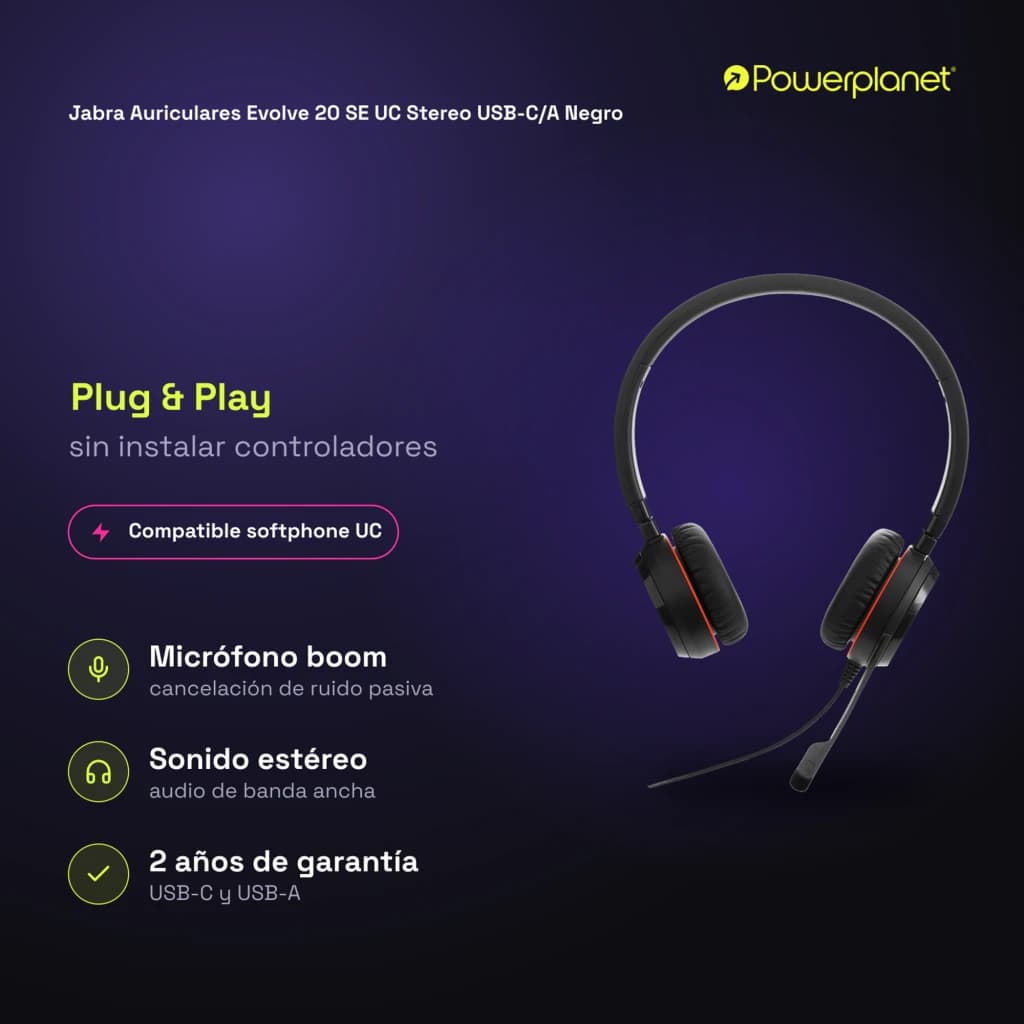 Jabra Auriculares Evolve 20 SE UC Stereo USB-C/A noir - caractéristiques