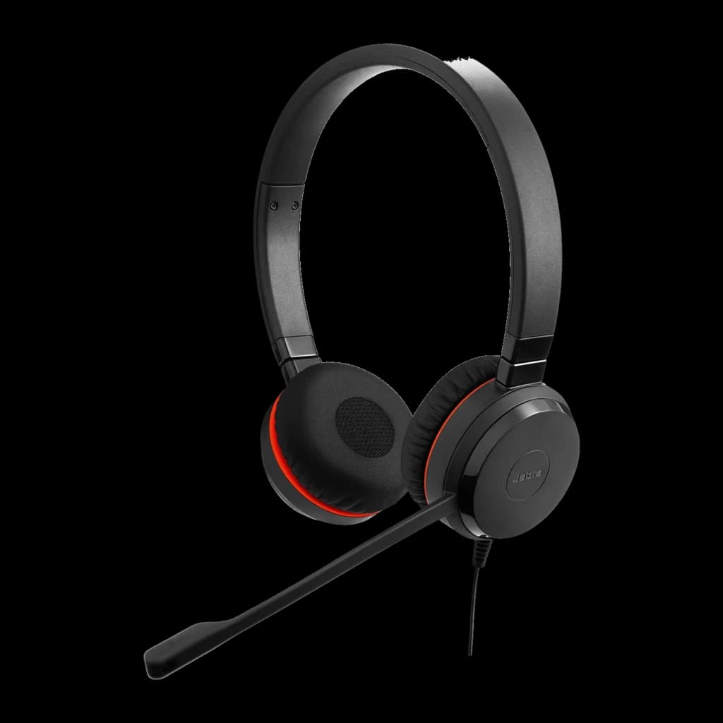 Jabra Evolve 20 SE UC Stereo Noir, vue latérale: casque avec coussinets rouges et micro boom