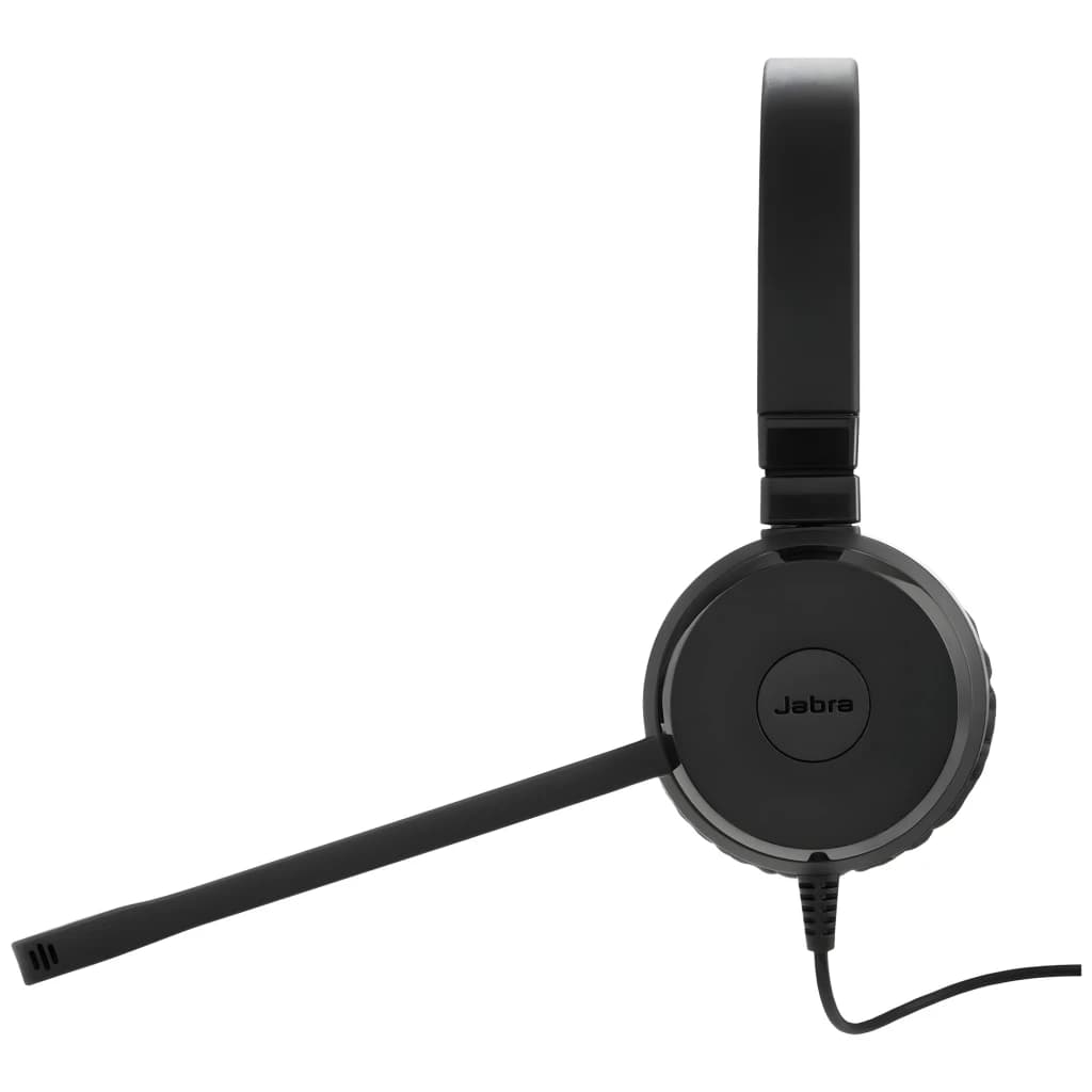 Jabra Evolve 20 SE UC Stereo USB Noir, vue latérale: casque avec logo Jabra, microphone boom et câble USB visibles