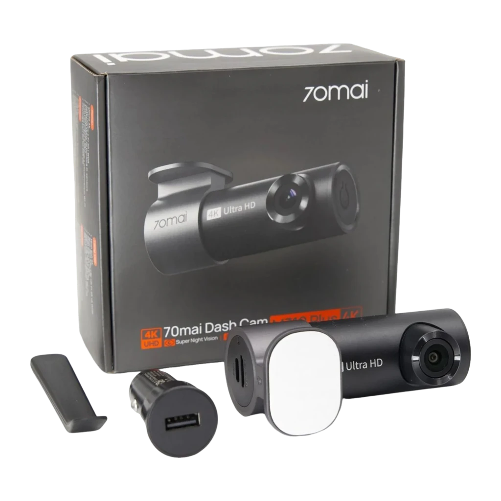 70mai Dash Cam M310 Plus 4K WiFi 6 en color negro, cuerpo cilíndrico compacto con lente gran angular azul, soporte de montaje superior y botón frontal - Ítem5