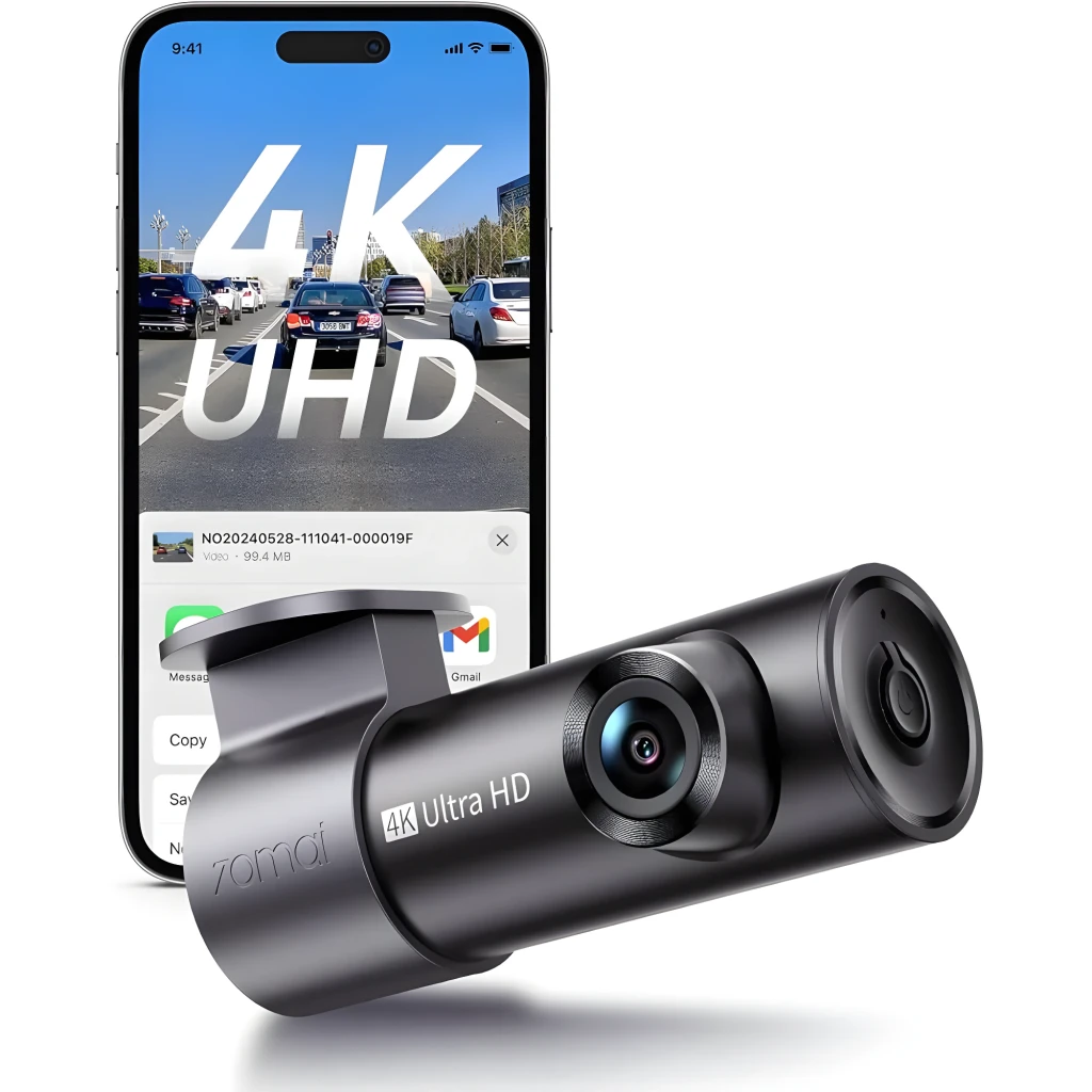 70mai Dash Cam M310 Plus 4K WiFi 6 en color negro, cuerpo cilíndrico compacto con lente gran angular azul, soporte de montaje superior y botón frontal - Ítem1