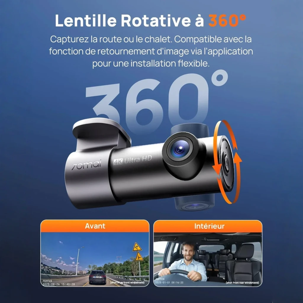 70mai Dash Cam M310 Plus 4K WiFi 6 en color negro, cuerpo cilíndrico compacto con lente gran angular azul, soporte de montaje superior y botón frontal - Ítem2