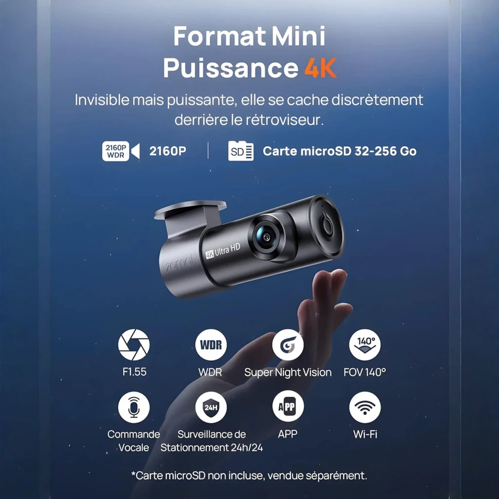 70mai Dash Cam M310 Plus 4K WiFi 6 en color negro, cuerpo cilíndrico compacto con lente gran angular azul, soporte de montaje superior y botón frontal - Ítem3