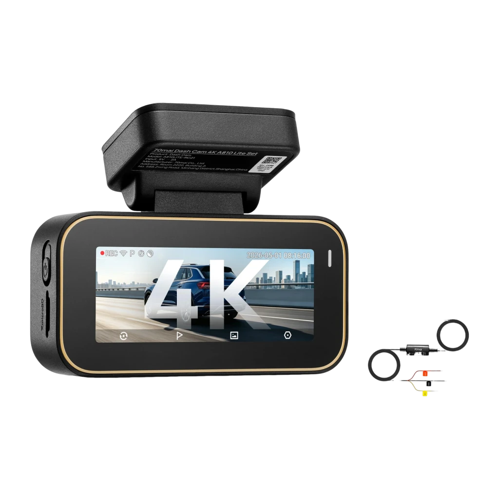 Dashcam 70mai A810 Lite 4K GPS WiFi con pantalla a color, borde dorado, indicador REC rojo y soporte superior con etiqueta QR y especificaciones técnicas - Ítem4
