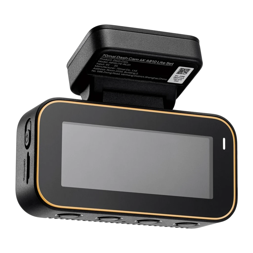 Dashcam 70mai A810 Lite 4K GPS WiFi con pantalla a color, borde dorado, indicador REC rojo y soporte superior con etiqueta QR y especificaciones técnicas - Ítem6