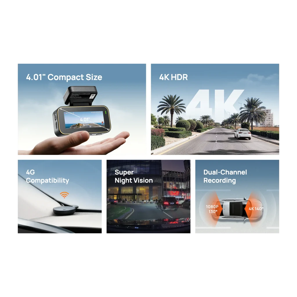 Dashcam 70mai A810 Lite 4K GPS WiFi con pantalla a color, borde dorado, indicador REC rojo y soporte superior con etiqueta QR y especificaciones técnicas - Ítem1