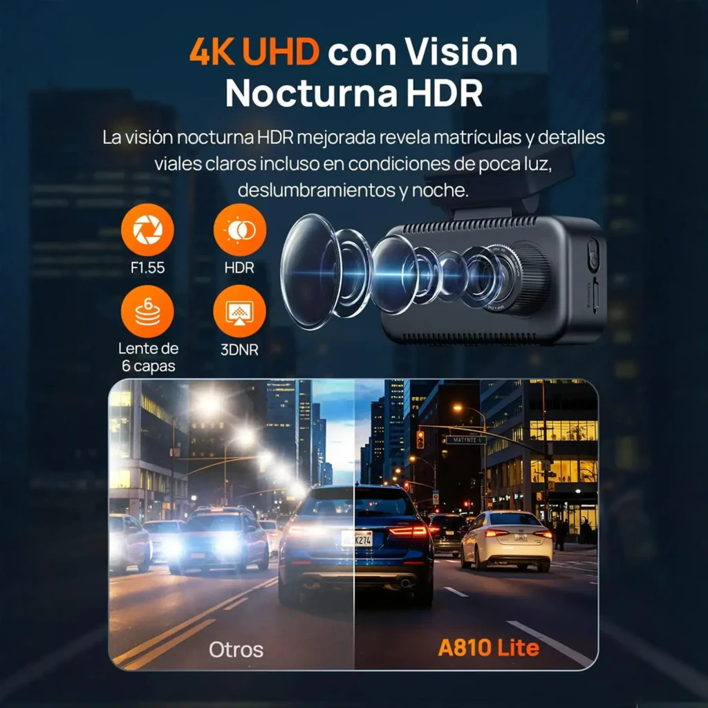 Dashcam 70mai A810 Lite 4K GPS WiFi con pantalla a color, borde dorado, indicador REC rojo y soporte superior con etiqueta QR y especificaciones técnicas - Ítem2