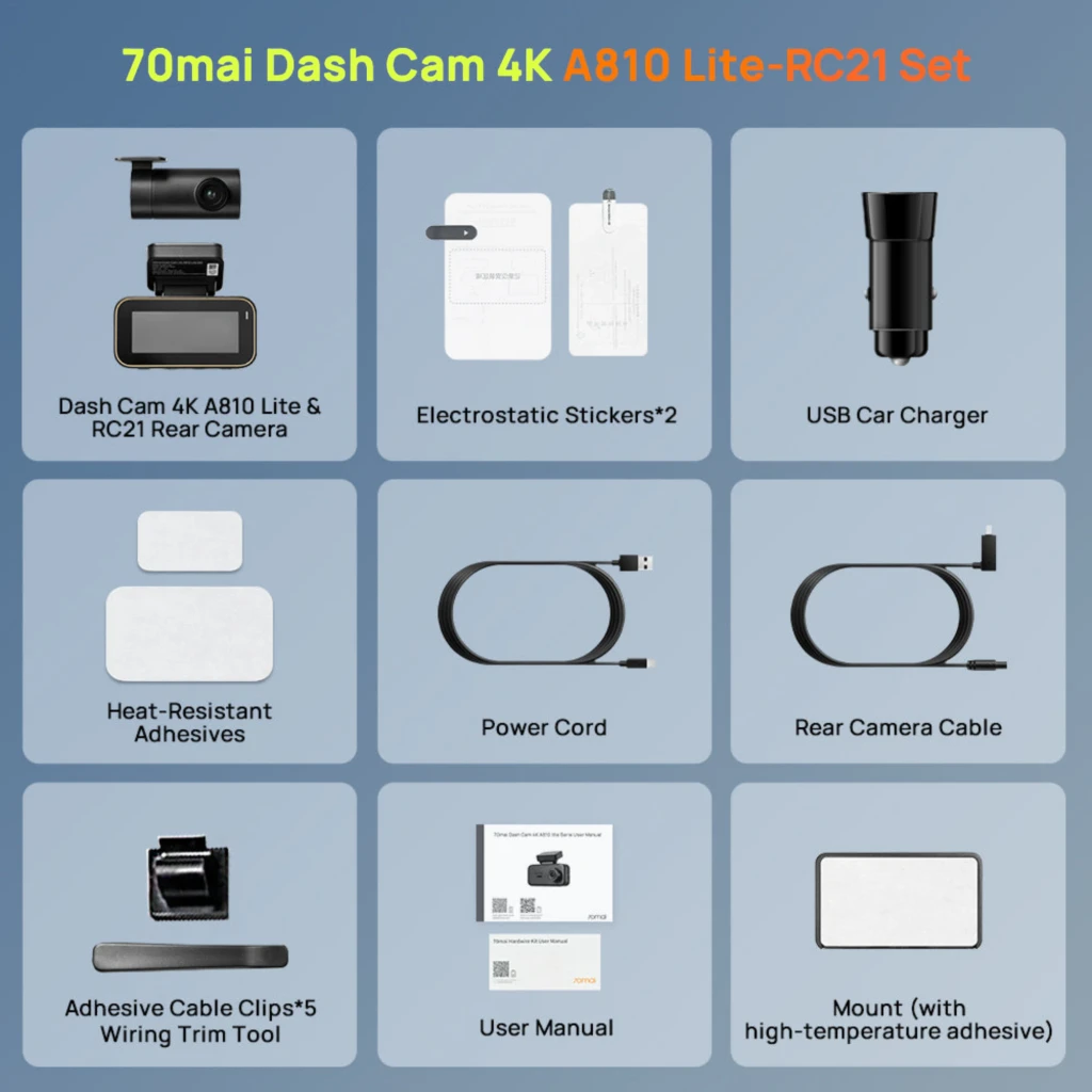 Dashcam 70mai A810 Lite Set con Rear Camera RC21 2CH 4K GPS WiFi. Cámara frontal con pantalla a color, lentes dobles, soporte adhesivo y diseño compacto negro - Ítem9