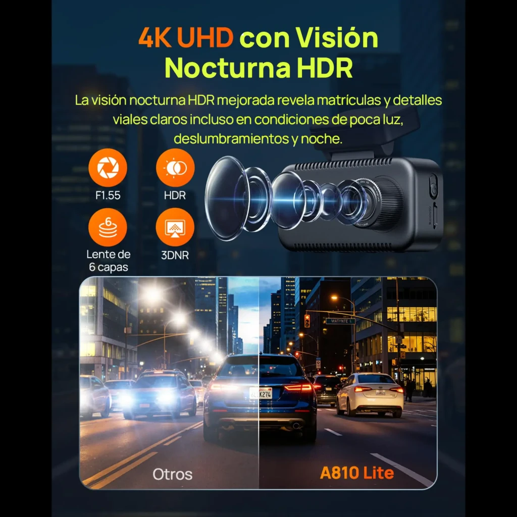 Dashcam 70mai A810 Lite Set con Rear Camera RC21 2CH 4K GPS WiFi. Cámara frontal con pantalla a color, lentes dobles, soporte adhesivo y diseño compacto negro - Ítem4