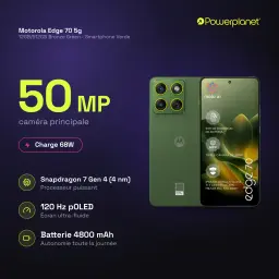 Motorola Edge 70 5G Verde con módulo de 4 cámaras y sensor principal 50 MP, pantalla pOLED 120 Hz con orificio central y marco delgado, diseño elegante