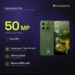 Motorola Edge 70 5G verde con módulo trasero de cuatro lentes 50 MP y flash, pantalla pOLED 120 Hz con biseles finos, diseño elegante con logo M trasero