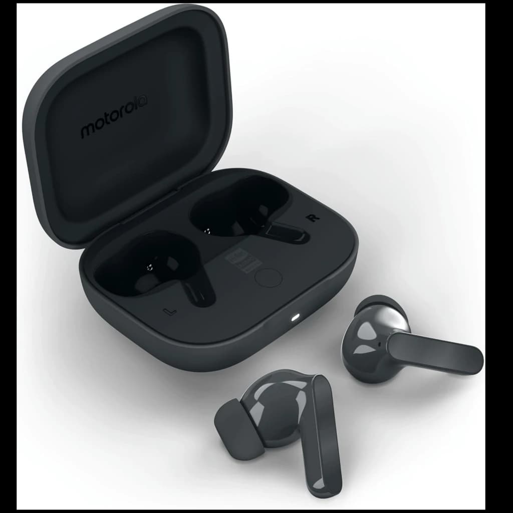 Oreillettes Moto Buds Bass noires avec boîtier compact, finition brillante, embouts ergonomiques et indicateurs L R, design élégant et minimaliste