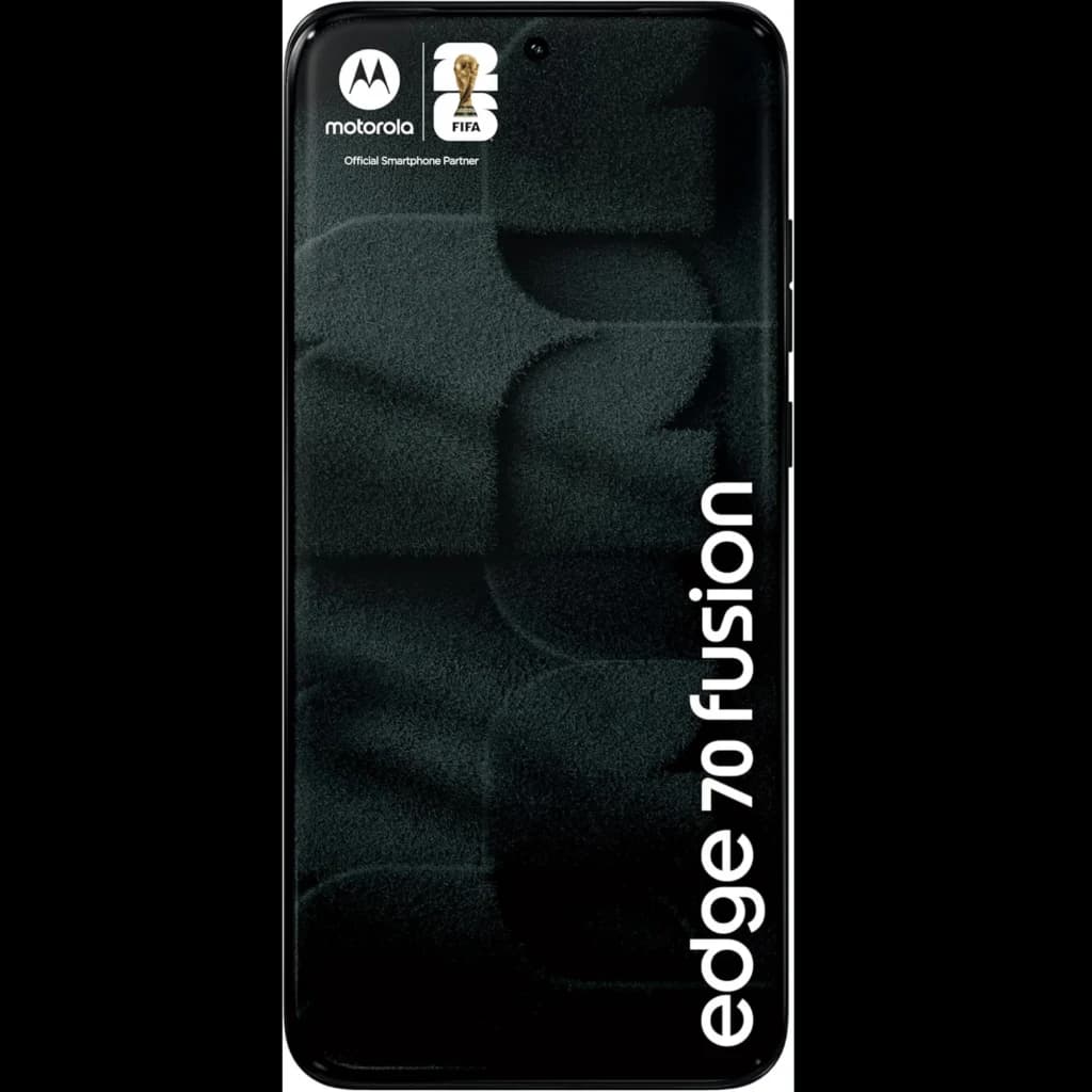 Smartphone Motorola Edge 70 Fusion 5G noir, écran bord à bord avec poinçon central, logo FIFA en haut, texte edge 70 fusion vertical sur la façade