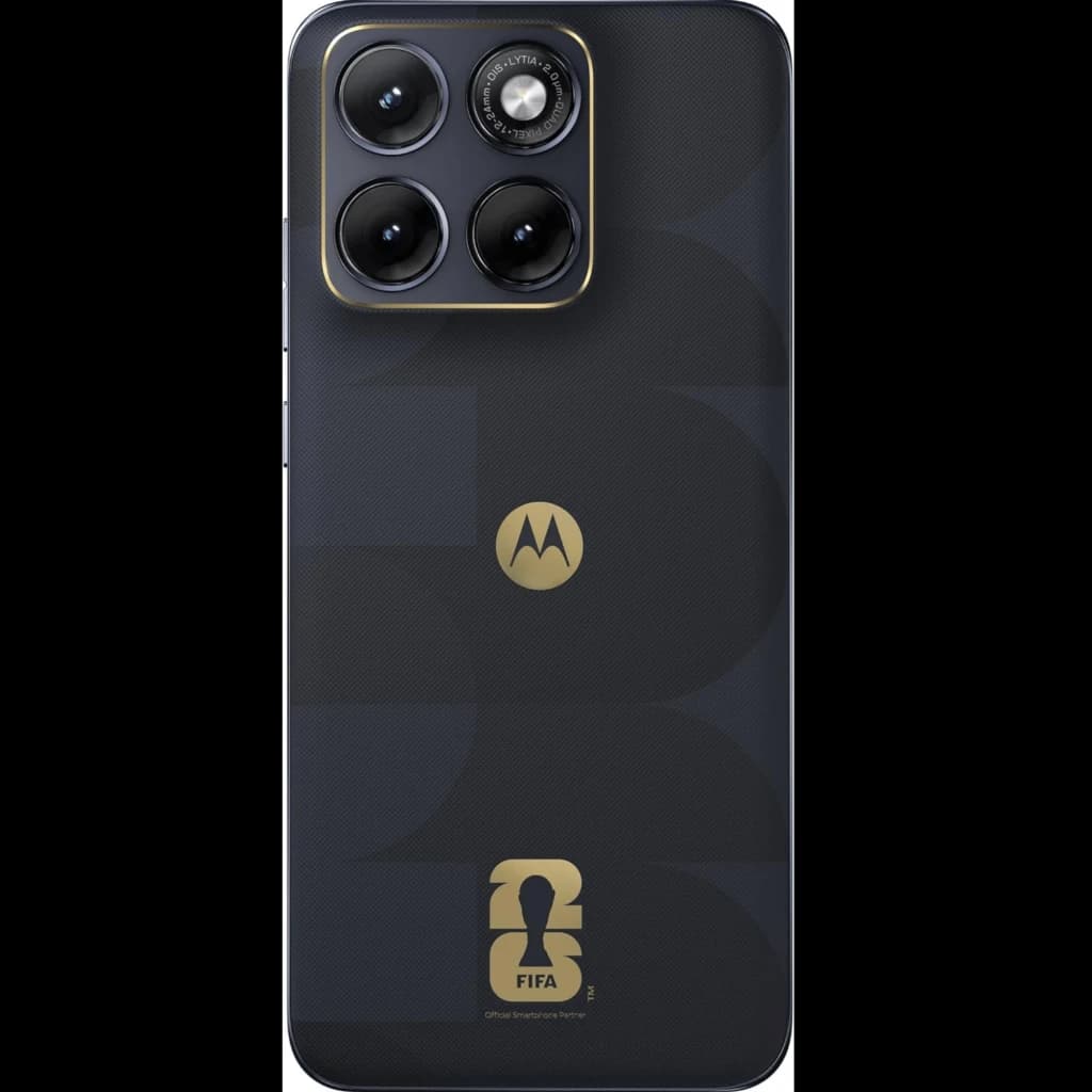 Dos noir PANTONE Silhouette avec motifs ton sur ton, logo Motorola doré centré, triple module photo carré proéminent, badge FIFA doré en bas