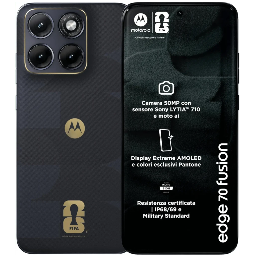 Smartphone Motorola Edge 70 Fusion 5G negro PANTONE con logo FIFA, 256 GB y 8 GB RAM, pantalla curva; incluye audífonos Buds Bass y estuche cargador - Ítem1