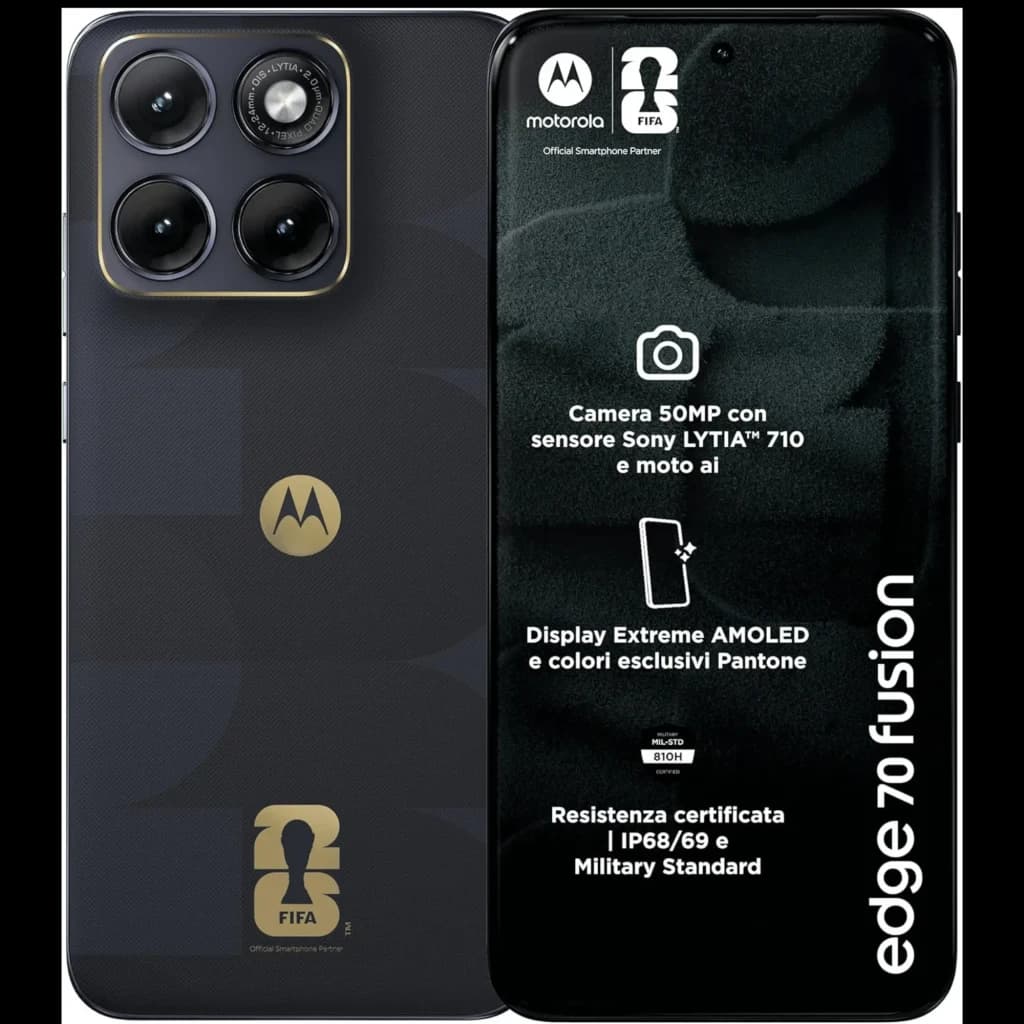 Smartphone Motorola Edge 70 Fusion 5G noir Pantone, triple caméra arrière pro, écran AMOLED bord à bord, logo FIFA doré; avec écouteurs Moto Buds Bass