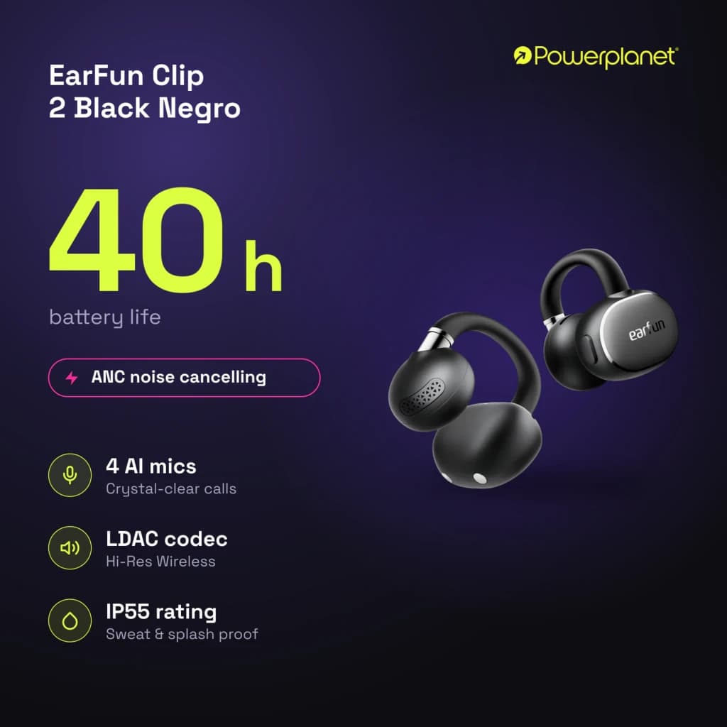 Auriculares EarFun Clip 2 Open-Ear pretos com design de gancho, acabamento fosco, microfones AI, LDAC Hi-Res, 40 h de bateria e proteção IP55