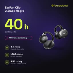 Auriculares EarFun Clip 2 Open-Ear pretos com design de gancho, acabamento fosco, microfones AI, LDAC Hi-Res, 40 h de bateria e proteção IP55