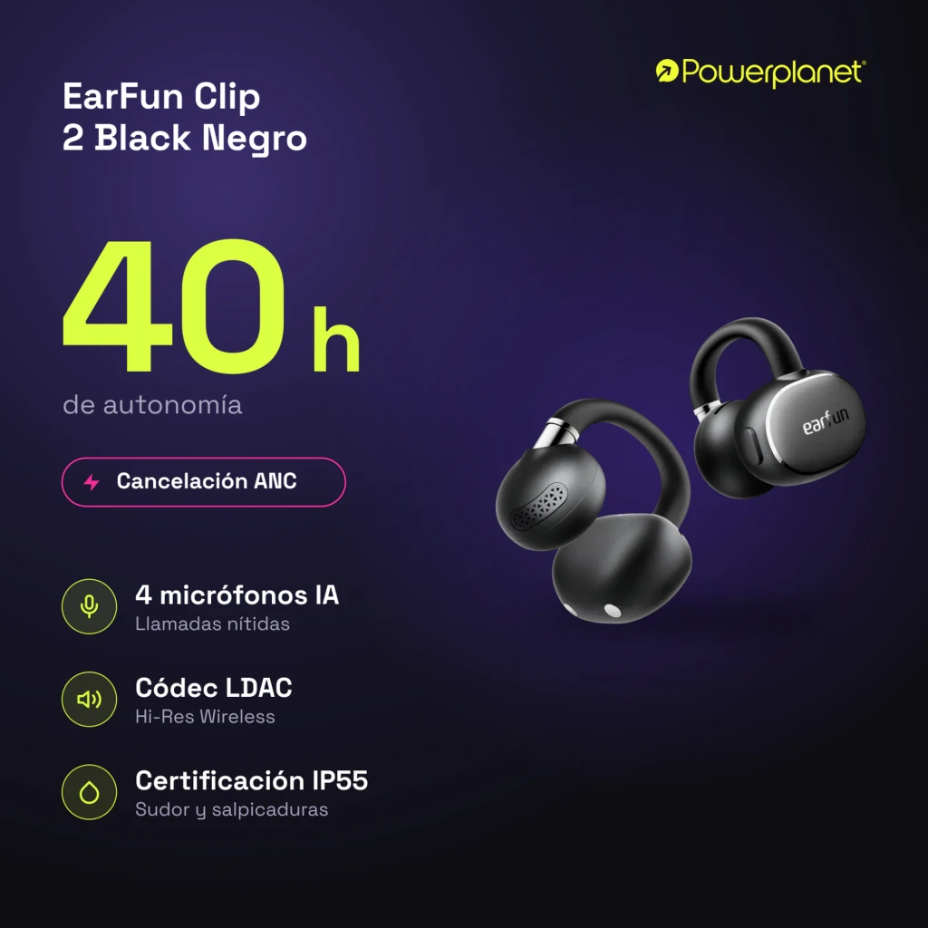 Auriculares EarFun Clip 2 Open-Ear negros con diseño de gancho ergonómico, carcasa mate, rejilla lateral perforada y botón plateado brillante en cada pieza - Ítem4