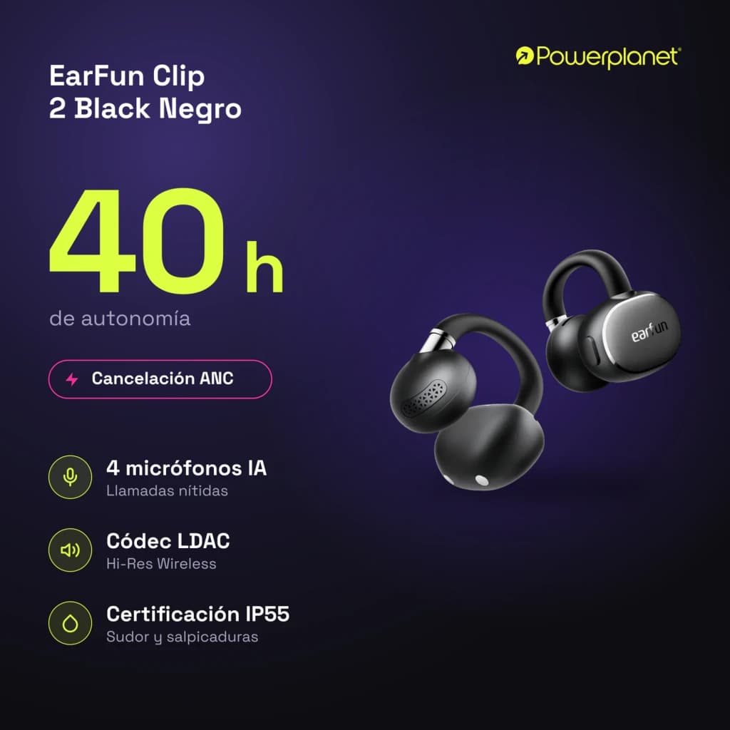 Auriculares EarFun Clip 2 open-ear pretos com gancho, design leve e ergonômico, etiquetas EarFun visíveis, acabamento fosco e entradas de microfone destacadas