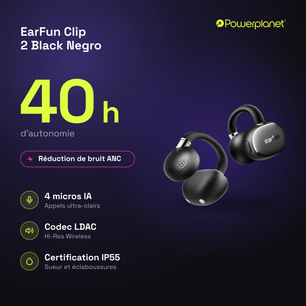 Auriculares EarFun Clip 2 Open-Ear negros con diseño de gancho ergonómico, carcasa mate, rejilla lateral perforada y botón plateado brillante en cada pieza - Ítem2