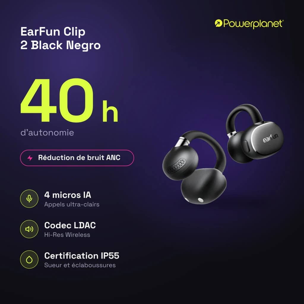Auriculares EarFun Clip 2 Open-Ear pretos com gancho, acabamento fosco, microperfurações no driver, logo earfun visível, estojo compacto combinando cor