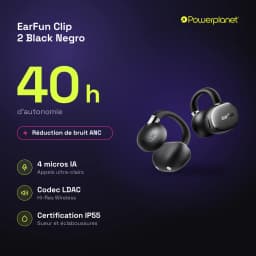 Auriculares EarFun Clip 2 Open-Ear pretos com gancho, acabamento fosco, microperfurações no driver, logo earfun visível, estojo compacto combinando cor