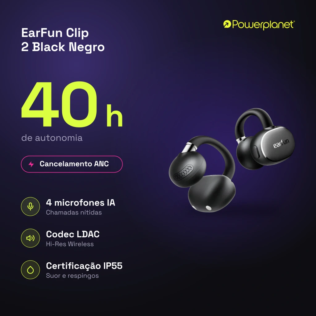 Auriculares EarFun Clip 2 Open-Ear negros con diseño de gancho ergonómico, carcasa mate, rejilla lateral perforada y botón plateado brillante en cada pieza - Ítem3