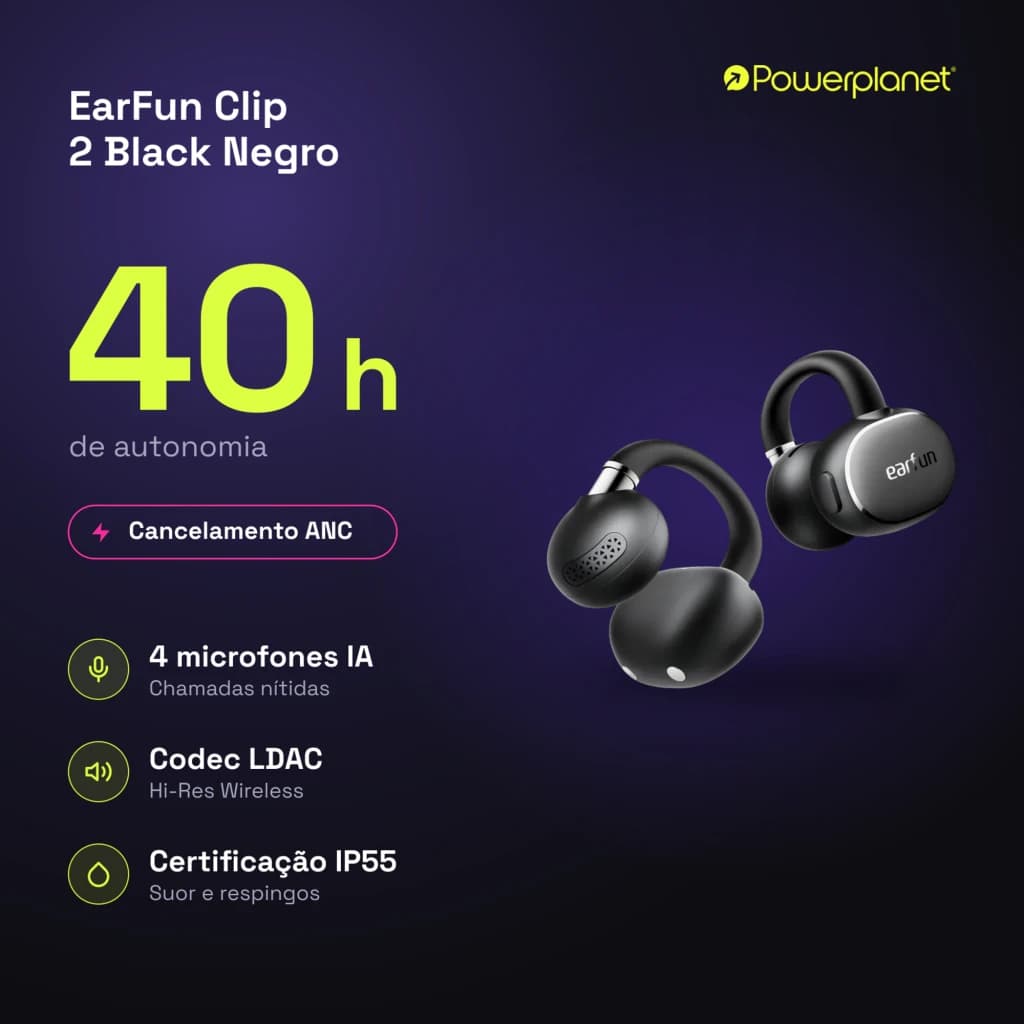 Auriculares EarFun Clip 2 open-ear pretos, design ergonômico clip, dois microfones, botões físicos, estojo compacto, indicação de 40 h e IP55